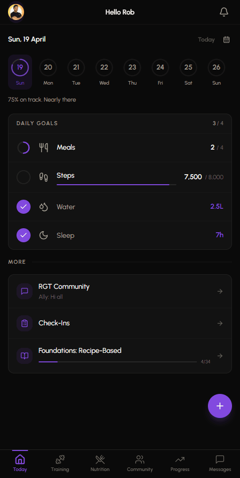 RGT app daily dashboard with scores, meals and next session